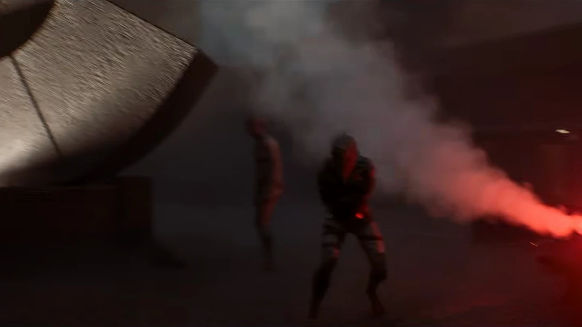 A flare burning red in a combat encounter