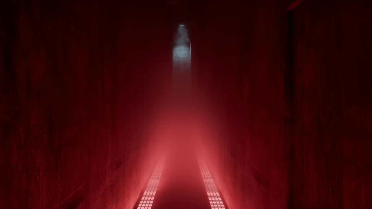 A figure standing in a fog-filled corridor